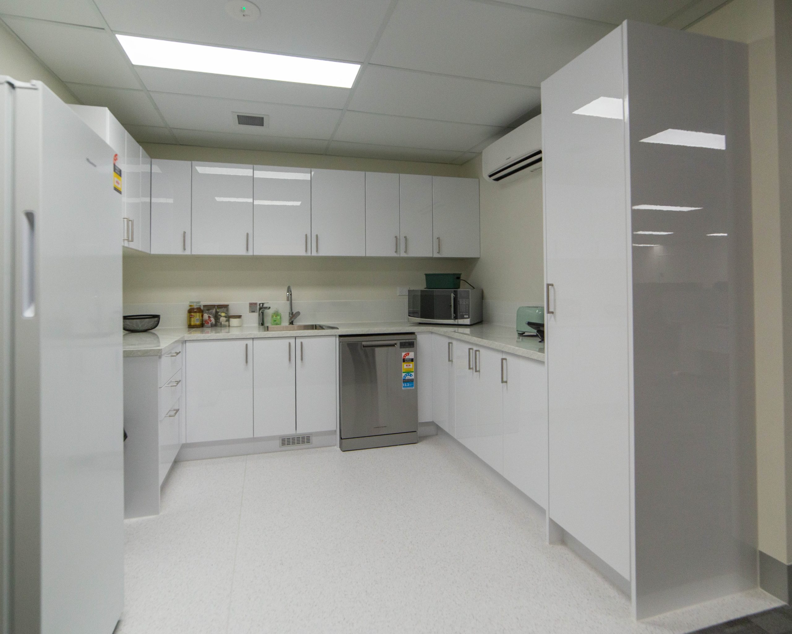 A photo taken of the new 4TEL Warabrook Warehouse office fitout, completed by North Construction