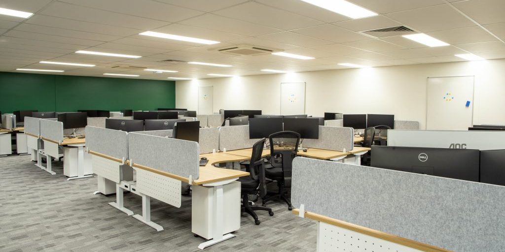A photo taken of the new 4TEL Warabrook Warehouse office fitout, completed by North Construction