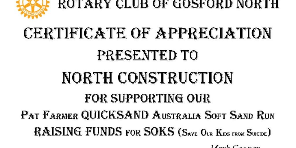 Certificate of Appreciation - North Construction